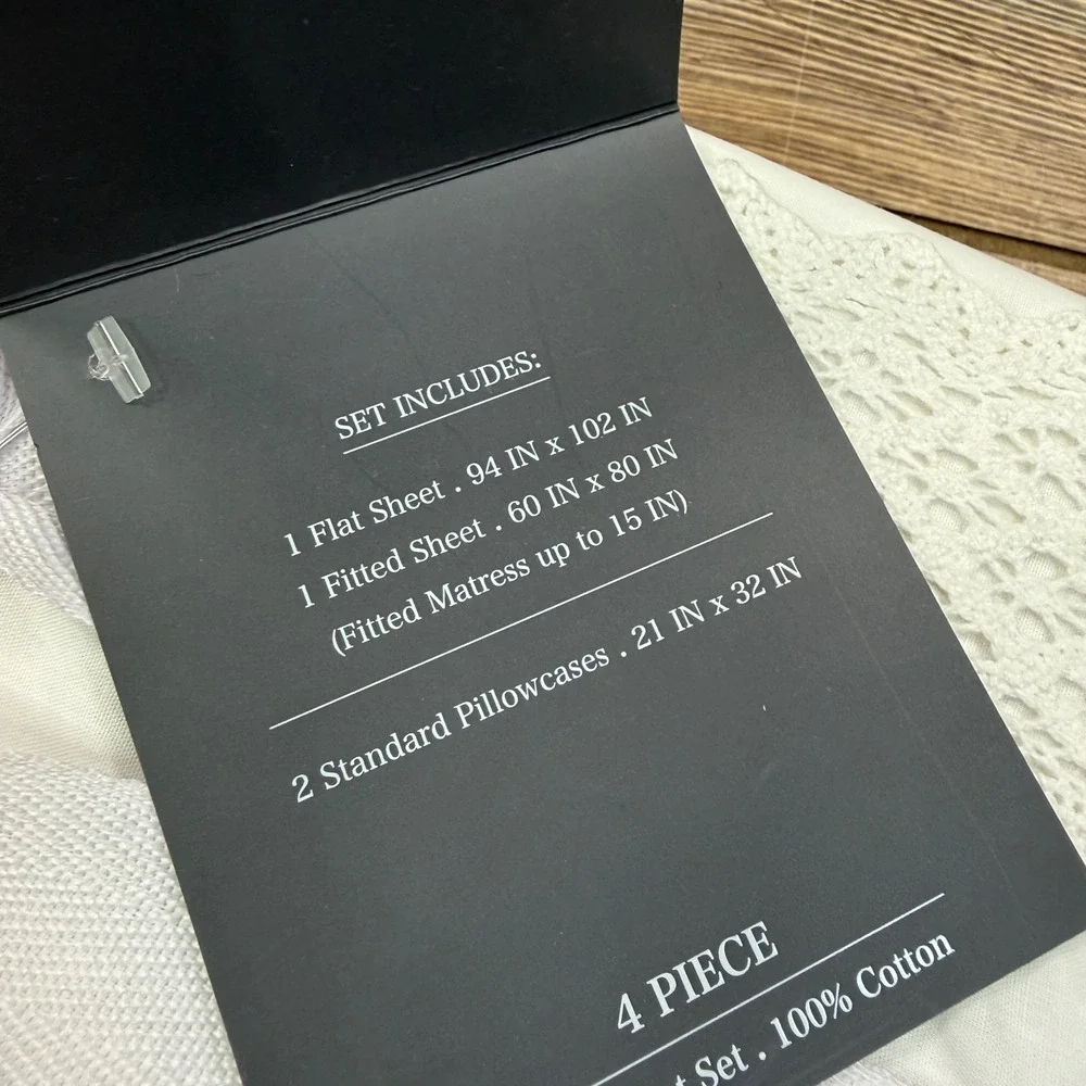 PiuBelle Queen Size 4 Piece Sheet Set White 100% Cotton‎ Lace Trim Portugal NEW
